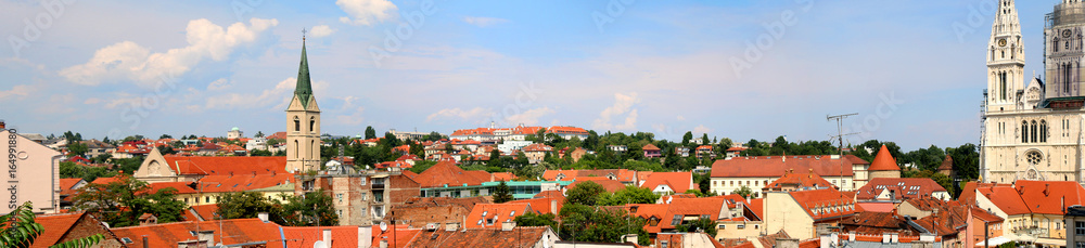 Zagreb skyline with Zagreb Cathedral. View from Strossmayer Promenade on Upper Town. Panoramic view.