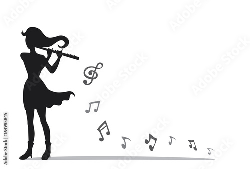 Musician playing a flute in mini concert. Vector style of a woman playing a flute with music notes. Silhouette on white background