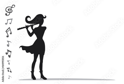 Musician playing a flute in mini concert. Vector style of a woman playing a flute with music notes. Silhouette on white background