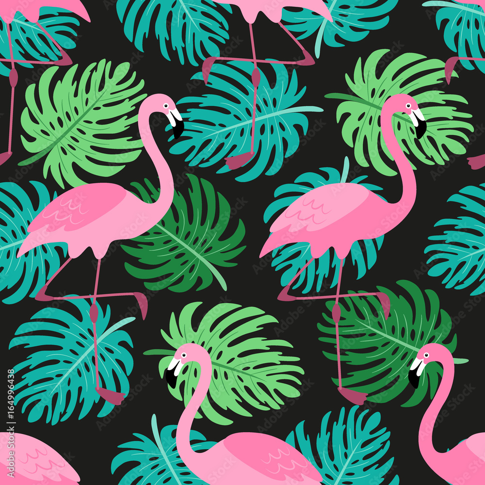 Cute exotic tropical seamless background with cartoon characters of pink flamingos