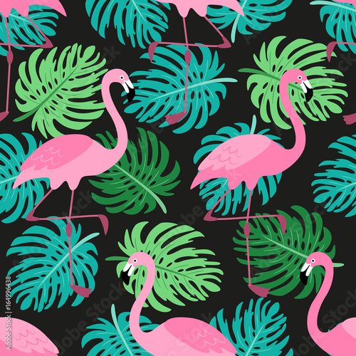 Cute exotic tropical seamless background with cartoon characters of pink flamingos © C Design Studio