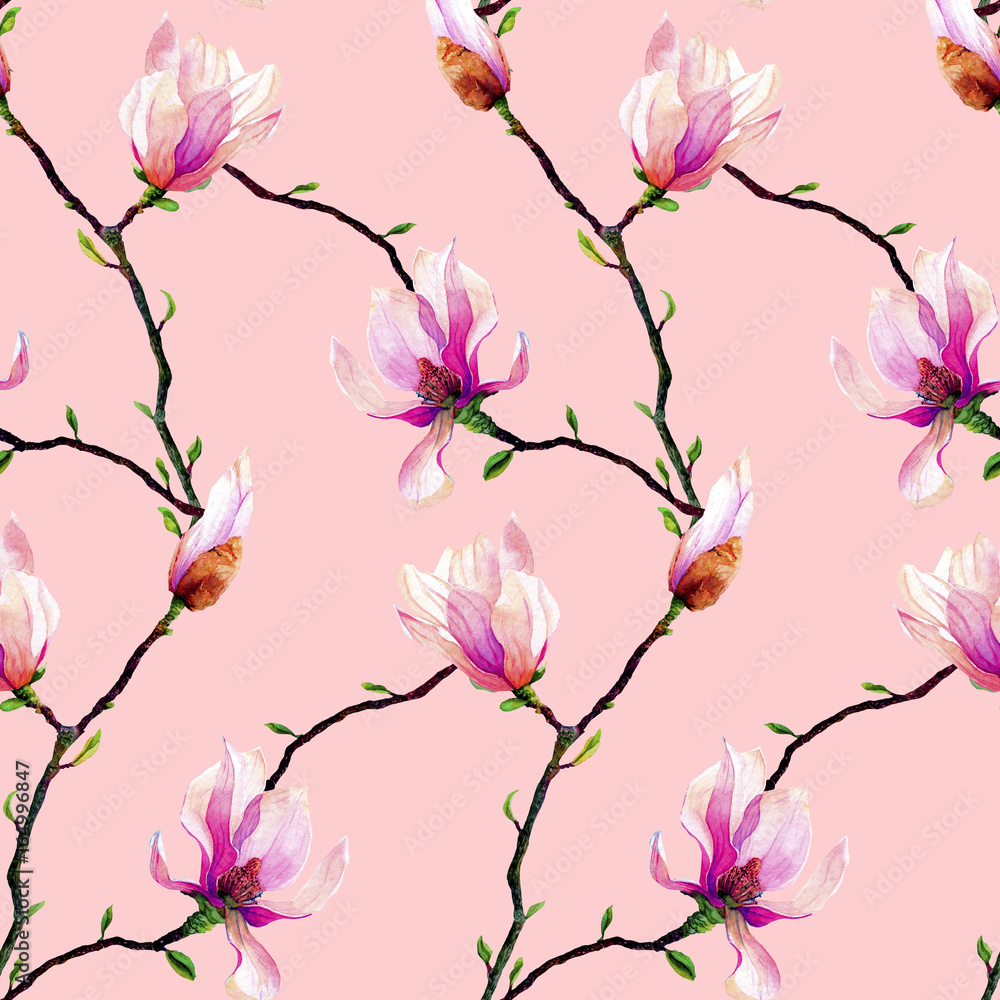 Fototapeta premium Seamless pattern with branches of pink magnolia isolated on a pink background. Invitation. Wedding card. Birthday card.