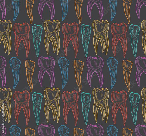 Stylized doodle, hand drawn outline of teeth. A seamless tooth pattern background. Decorative oral dental hygiene vector illustration