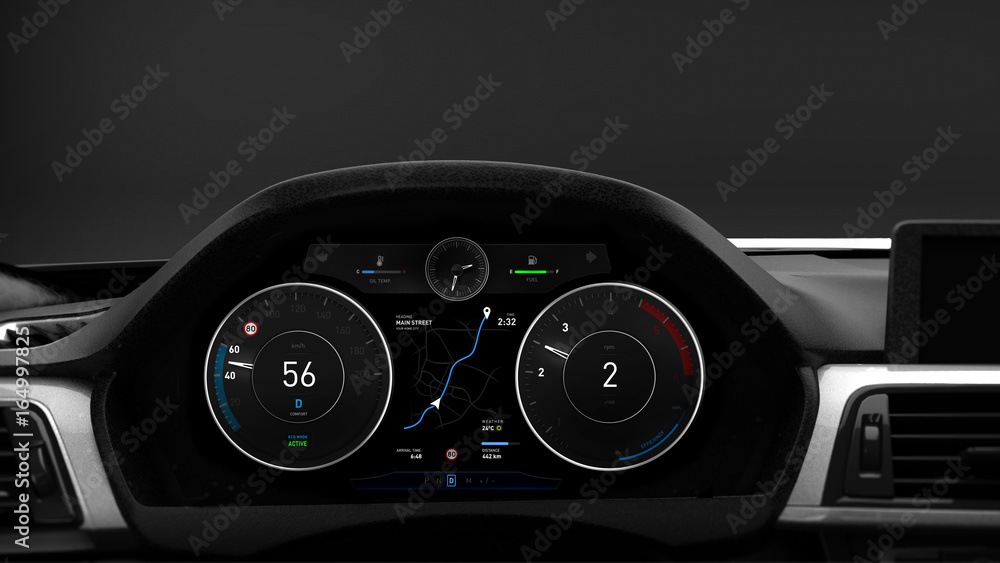 Modern sports car dashboard with navigation display - 3D illustration (3D rendering) Modern sports car dashboard with navigation display - 3D illustration (3D rendering)