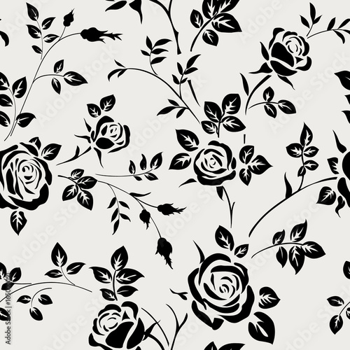 Naklejka Bezszwowy wzór z czerni róży sylwetką na białym tle. Tapeta kwiatowa