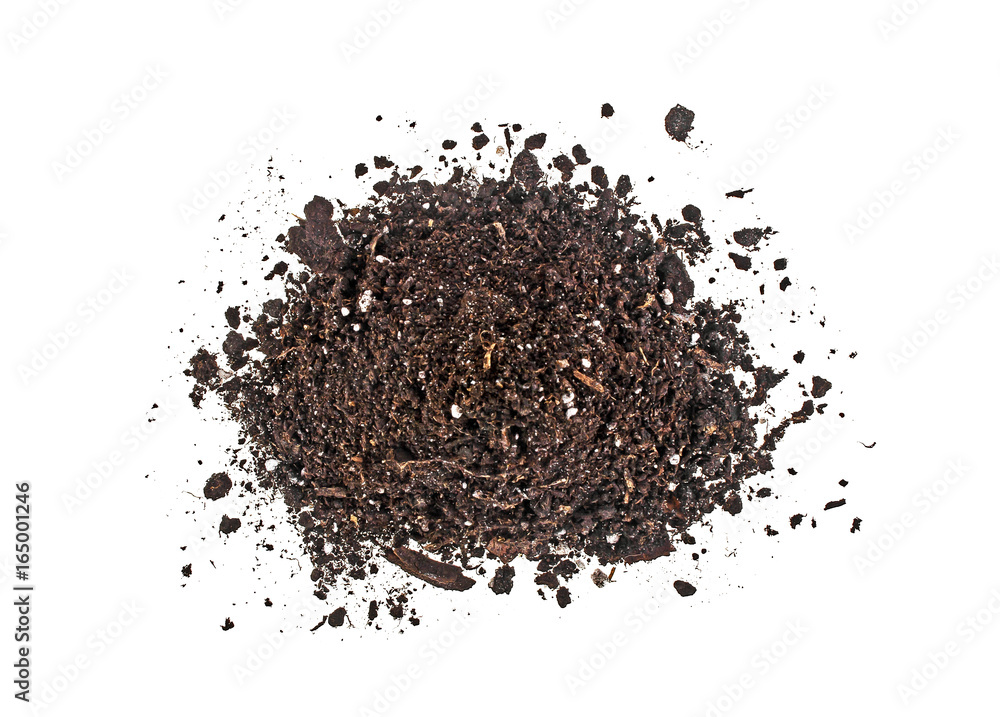 Pile of soil isolated on white background, top view Pile of soil isolated on white background, top view