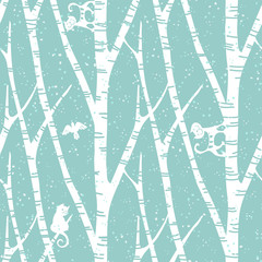 Stickers Berken patronen Vintage berkenpatroon met katten en vogels  © tinkerfrost