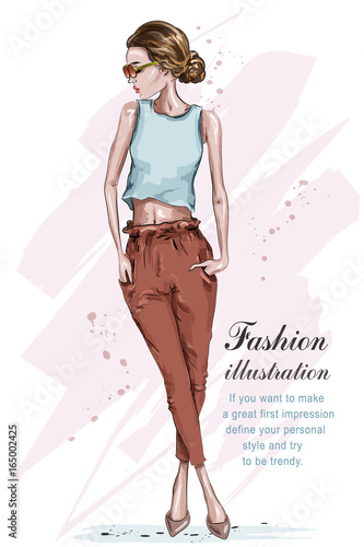 Beautiful young fashion girl. Stylish woman in fashion clothes. Hand drawn girl in sunglasses. Sketch. Vector illustration.
