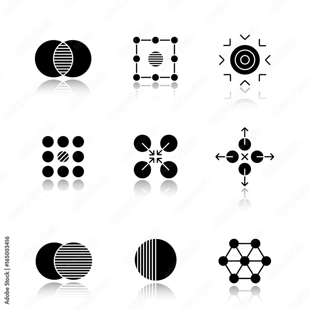 Abstract symbols drop shadow black glyph icons set Abstract symbols drop shadow black glyph icons set