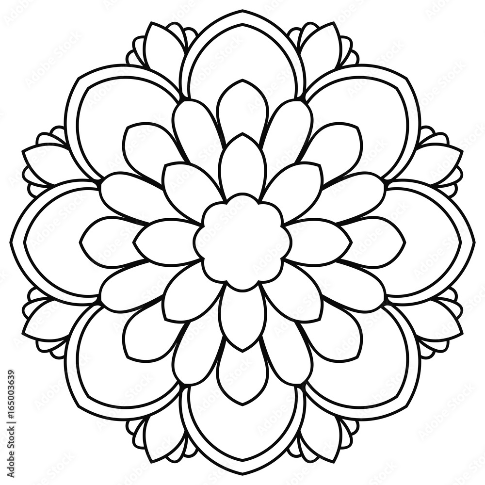 Black outline flower mandala. Doodle round decorative element for ...