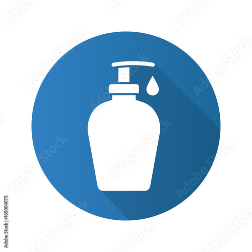 Liquid soap bottle with drop. Flat design long shadow icon