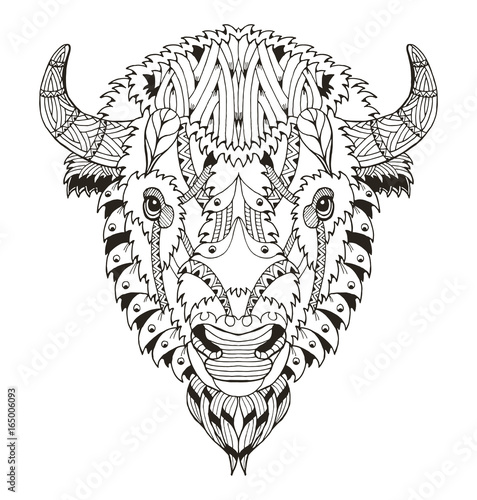American buffalo head zentangle stylized, vector, illustration, pattern. Anti stress coloring book for adults and kids.