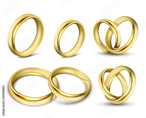 Set of realistic vector illustrations of gold wedding rings with shadow isolated on white. Print, template, design element