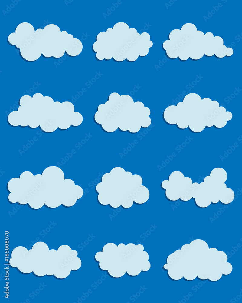 Set of various clouds on blue background