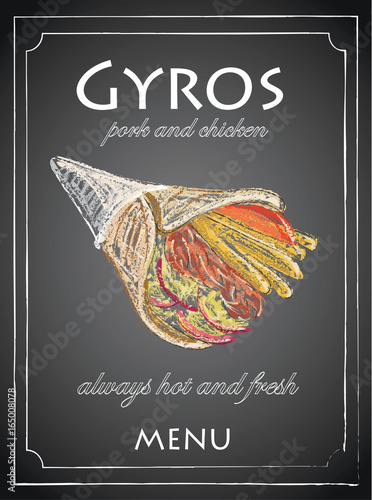 Gyros menu on chalkboard background, vector, illustration. fFreehand.