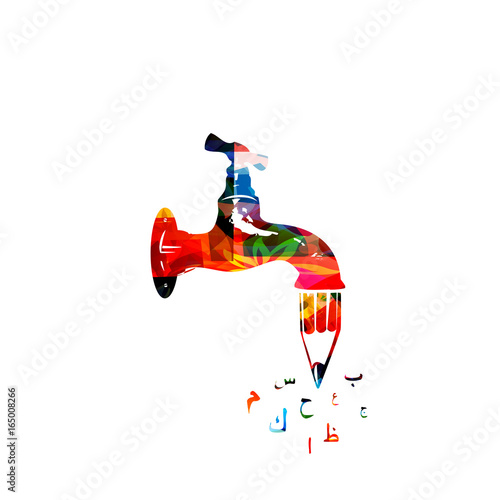 Creative writing design. Colorful water tap with pencil and arabic calligraphy symbols vector illustration. Storytelling, blogging, education, article, website content writing, copywriting