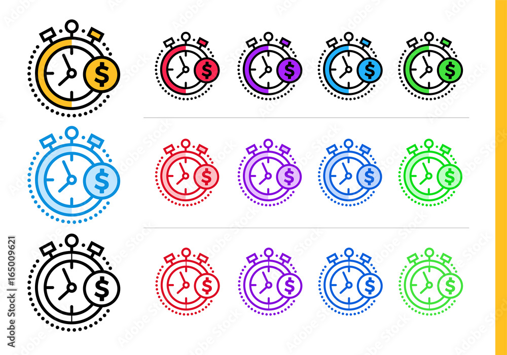 Unique linear icons TIME IS MONEY of finance, banking. Modern outline icons for mobile application Unique linear icons TIME IS MONEY of finance, banking. Modern outline icons for mobile application