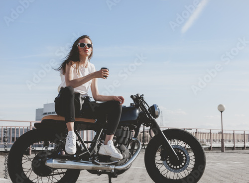 Fotografie, Obraz Biker woman on motorcycle