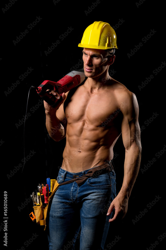 fit shirtless worker with tools Stock Photo Adobe Stock