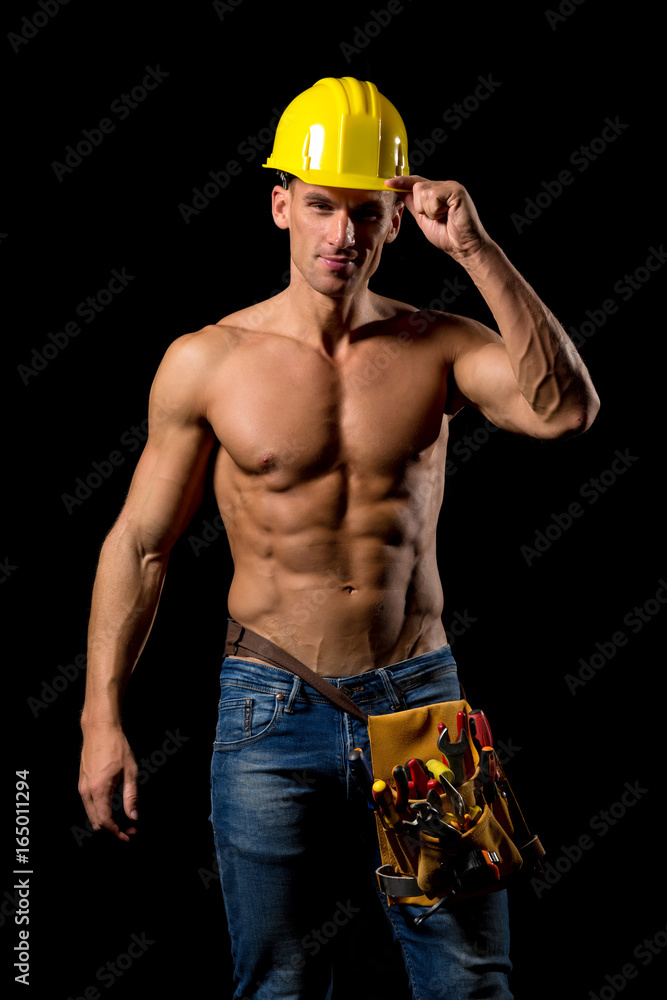 fit shirtless worker with tools fit shirtless worker with tools