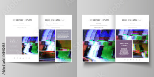 Business templates for bi fold brochure  flyer. Cover design template  abstract vector layout in A4 size. Glitched background  colorful pixel mosaic. Digital decay  signal error  television fail.