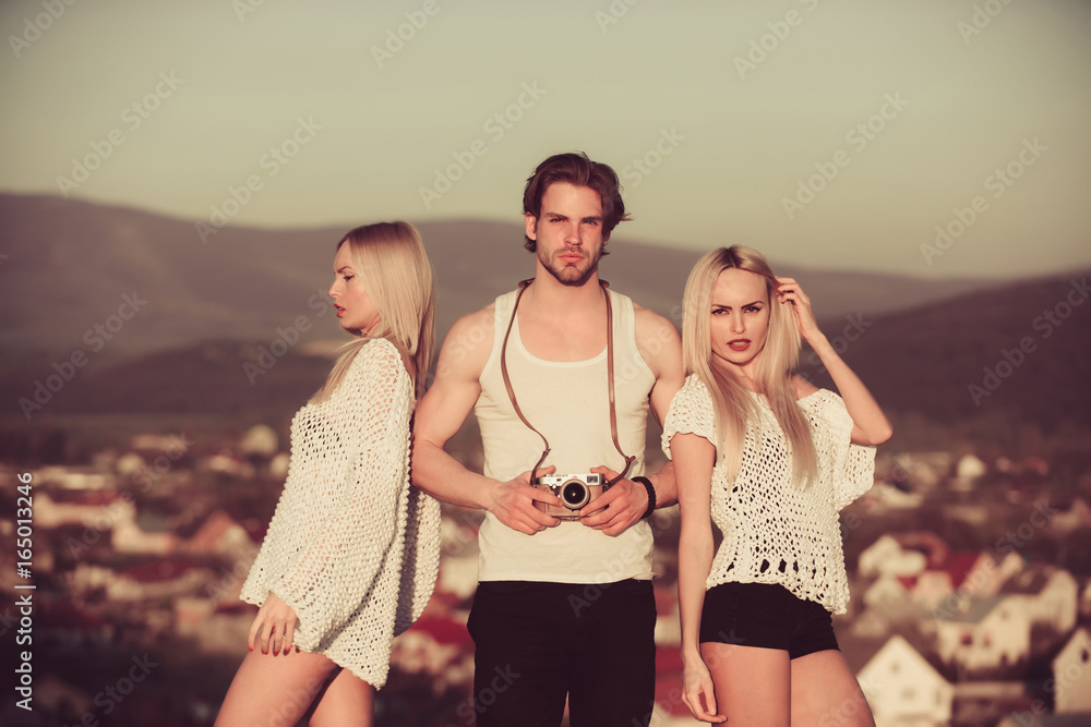 Girl and women with photographer outdoor. Girl and women with photographer outdoor.