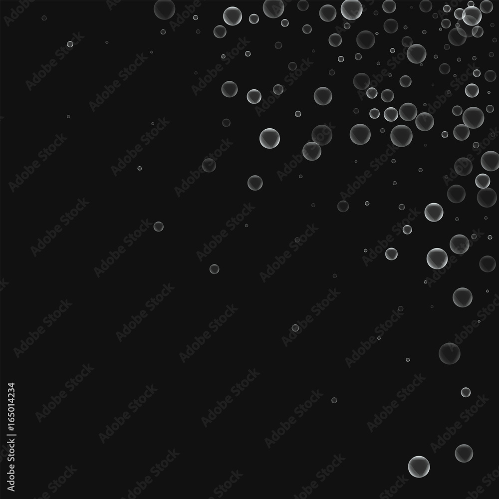 Soap bubbles. Scattered top right corner with soap bubbles on black background. Vector illustration.