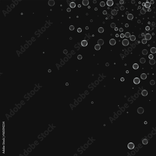 Soap bubbles. Scattered top right corner with soap bubbles on black background. Vector illustration.
