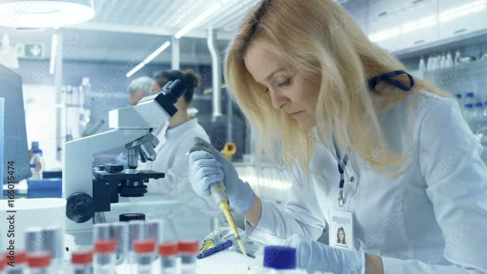 Female Research Scientist Uses Micropipette Filling Test Tubes in a Big Modern Laboratory. In the Background Scientists are Working. Female Research Scientist Uses Micropipette Filling Test Tubes in a Big Modern Laboratory. In the Background Scientists are Working.