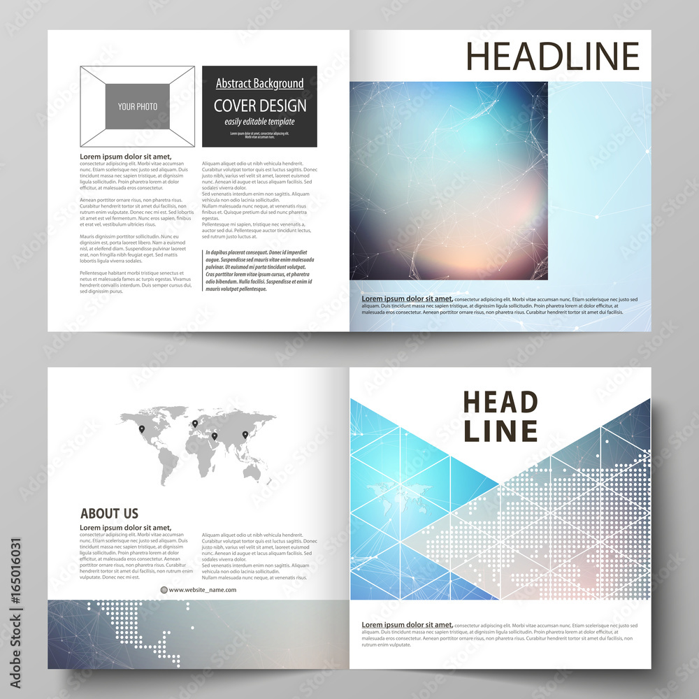 The vector illustration of the editable layout of two covers templates for square design bi fold brochure, magazine, flyer, booklet. Molecule structure. Science, technology concept. Polygonal design.