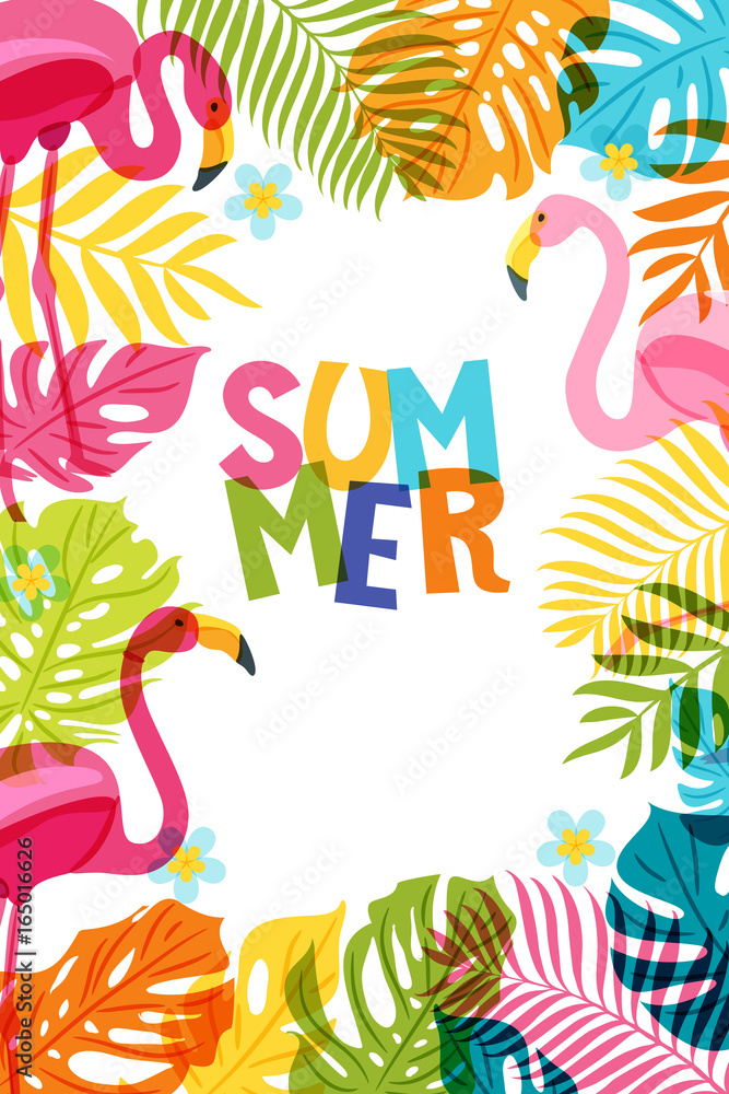 Vector banner, poster, frame with flamingo and multicolor palm leaves. Hand drawn doodle illustration. Summer tropical background.