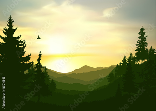 Nature background of mountains panorama. Colorful sunset in wild valley. Windy sky. 