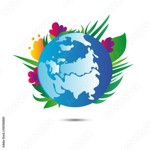 Earth planet with flowers on white background. Earth day. Vector.