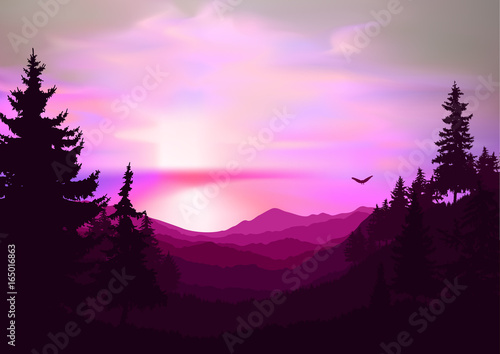 Nature background of mountains panorama. Colorful sunset in wild valley. Windy sky. Pink and violet tones.