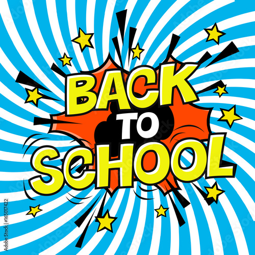 Back to school poster. Comic retro yellow alphabet. Halftone background and decorative elements.