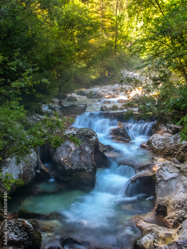 Mystic morning on the blue river Soca.Triglav National Park, Slovenia.