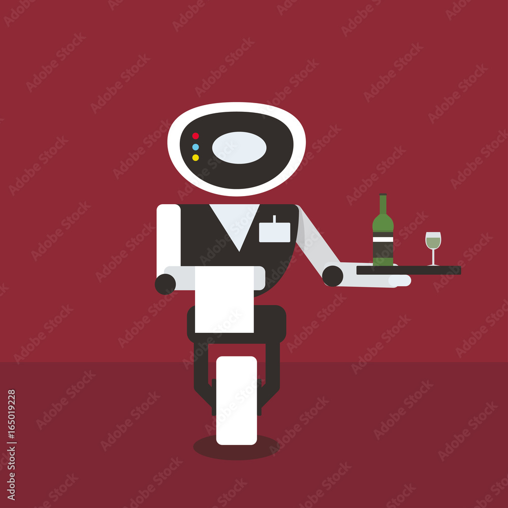 Domestic robot waiter carrying a tray with bottle and glass. Robotic assistance futuristic concept illustration vector. Domestic robot waiter carrying a tray with bottle and glass. Robotic assistance futuristic concept illustration vector.