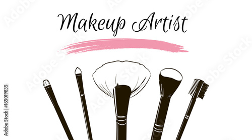 Makeup artist business card. Vector template with makeup items brushes makeup and pink Smear a brush grunge