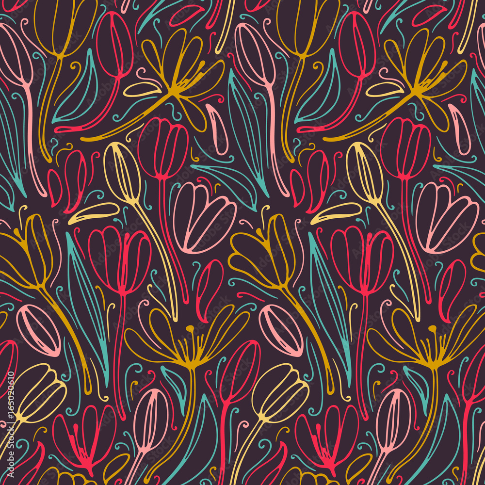 Vintage floral hand drawn seamless pattern. Hand drawn abstract fancy flowers. Folk painting style. Summer blooming ornament. Colorful background. Repeatable backdrop.
