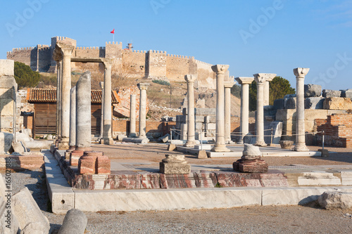 Roman square with stone pillars ruins in ephesus Archaeological site in turkey