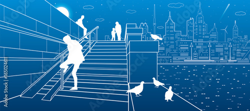 Stairs on the river embankment, people on steps. Doves are sitting on parapet. Evening city on the background, vector design art