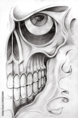 Art skull tattoo.Hand pencil drawing on paper.