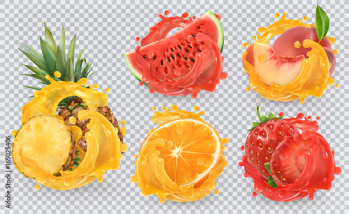 Strawberry, pineapple, orange, watermelon, peach juice. Fresh fruits and splashes, 3d vector icon set