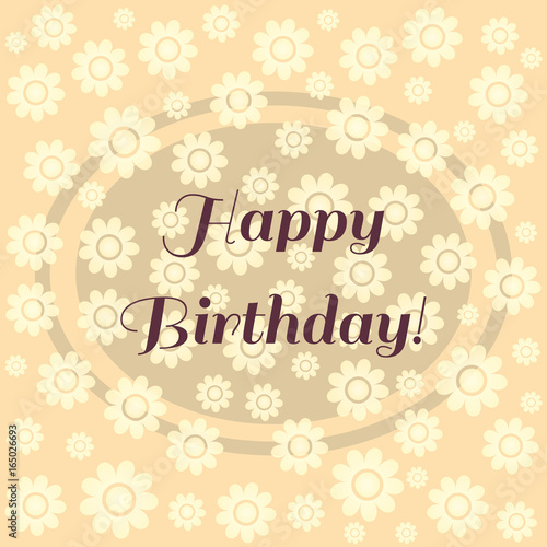 Happy Birthday card. Square pastel background with flowers and frame. Text "Happy Birthday!"