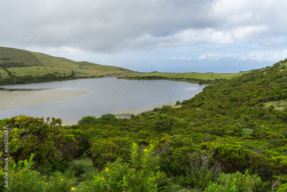 Cloudy azoren landscape with lake, Pico Island, Azores