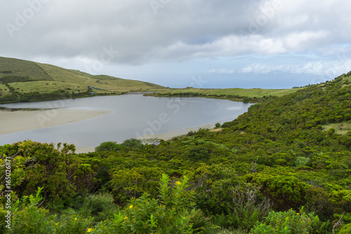 Cloudy azoren landscape with lake, Pico Island, Azores