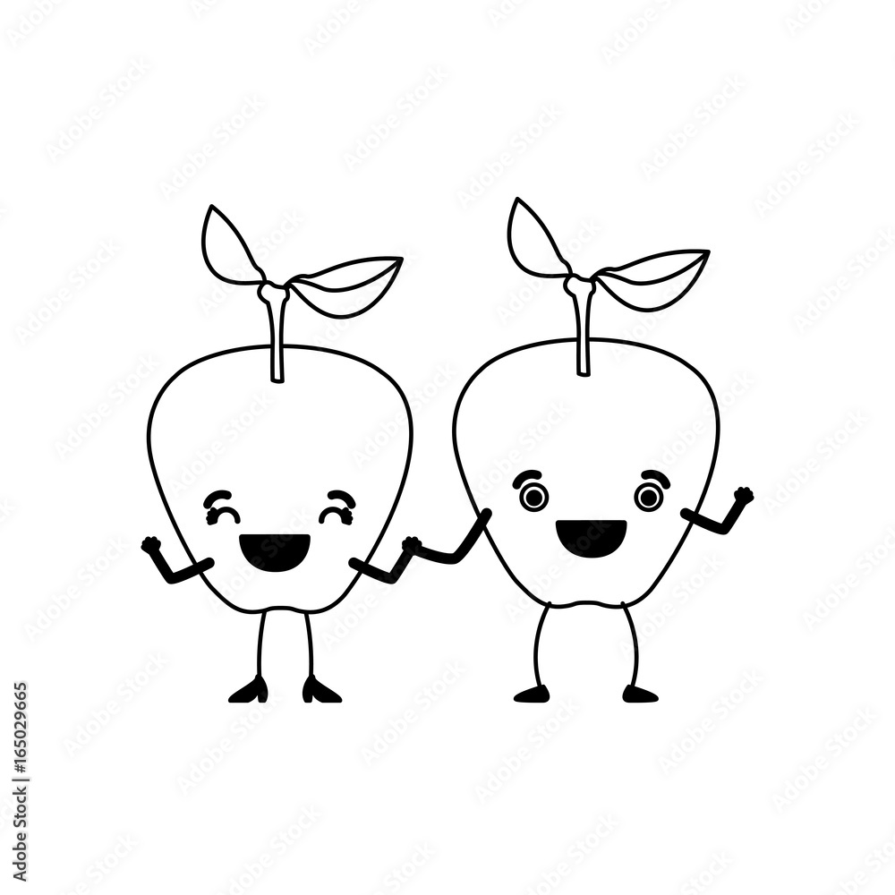 white background of monochrome pair of apple fruits caricature vector illustration