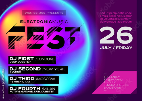 Fototapeta Naklejka Na Ścianę i Meble -  Bright Festival Poster. Electronic Music Cover for Summer DJ Fest or Club Party Flyer.