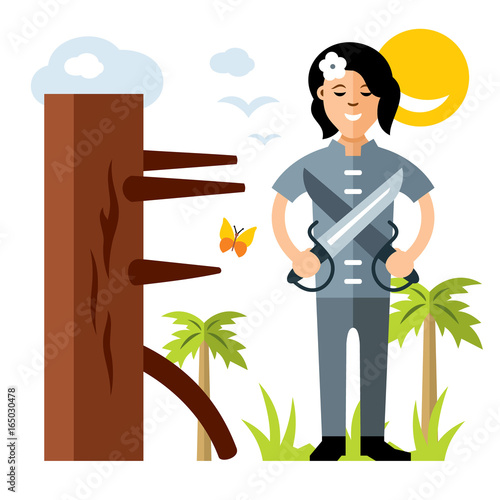 Vector Wing Chun kung fu Girl with two swords, wooden dummy. Flat style colorful Cartoon illustration.