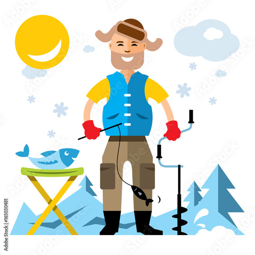 Vector Winter fishing. Flat style colorful Cartoon illustration.